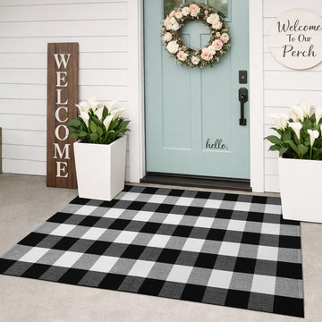 Buffalo Plaid Checkered Rug 3x5 ft Black White Front Door Rug