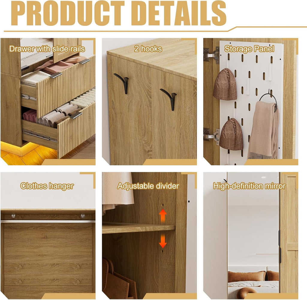 6 Doors Armoire Wardrobe Closet, 94.5"W Armoire with 3 Pegboards | Armoires and Wardrobes with 6 Drawers, 3 Mirrors