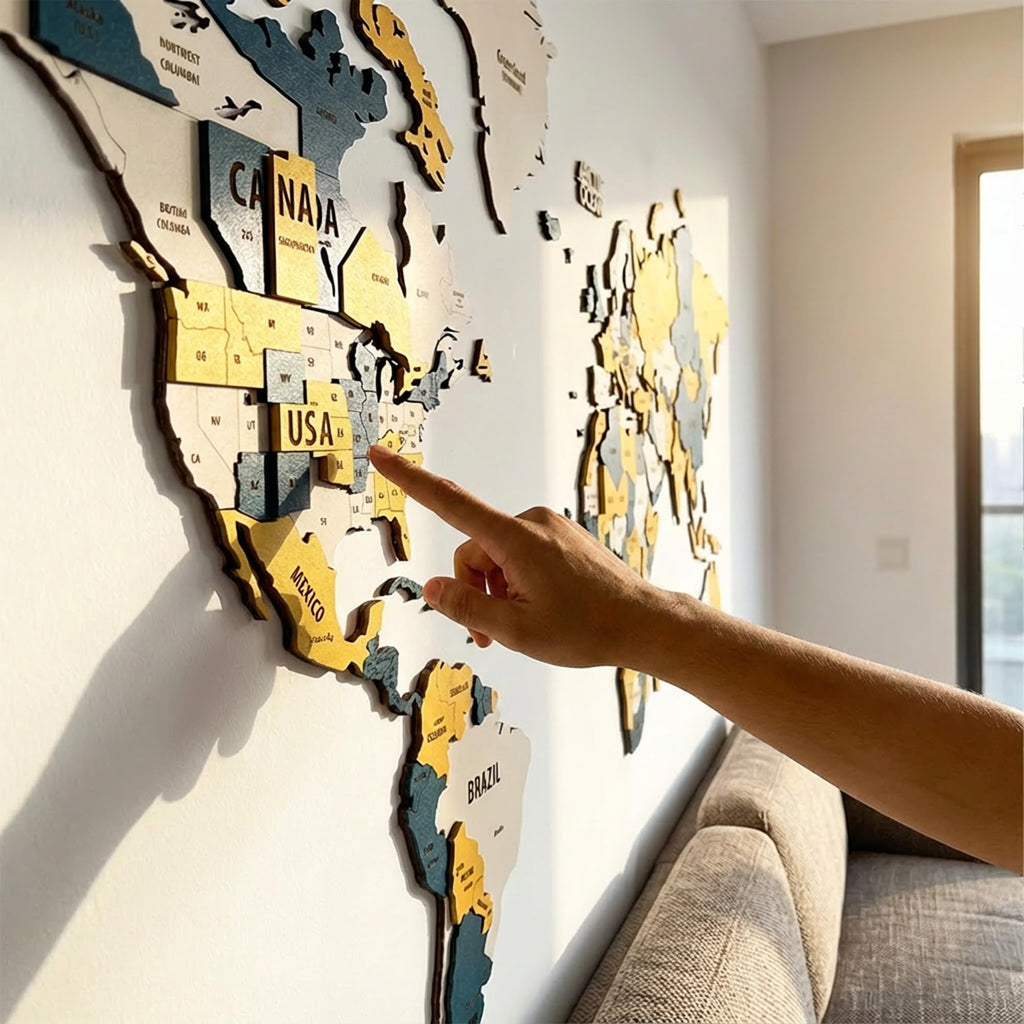 Layered 3D Wooden World Map Wall Art (XXL, Gold-Blue)