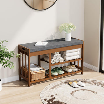 Shoe Rack Bench, Bamboo Shoe Storage Bench with Cushion