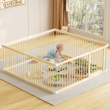 Wooden Baby Playpen, 71.5x60x24In Gate for Toddler and Babies | Natural Pine Wood Playard Double-Locking for