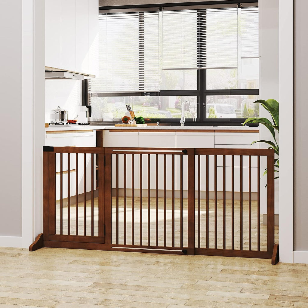 Freestanding Wooden Pet Gate, 3-Panel Adjustable with Lockable Door, Brown