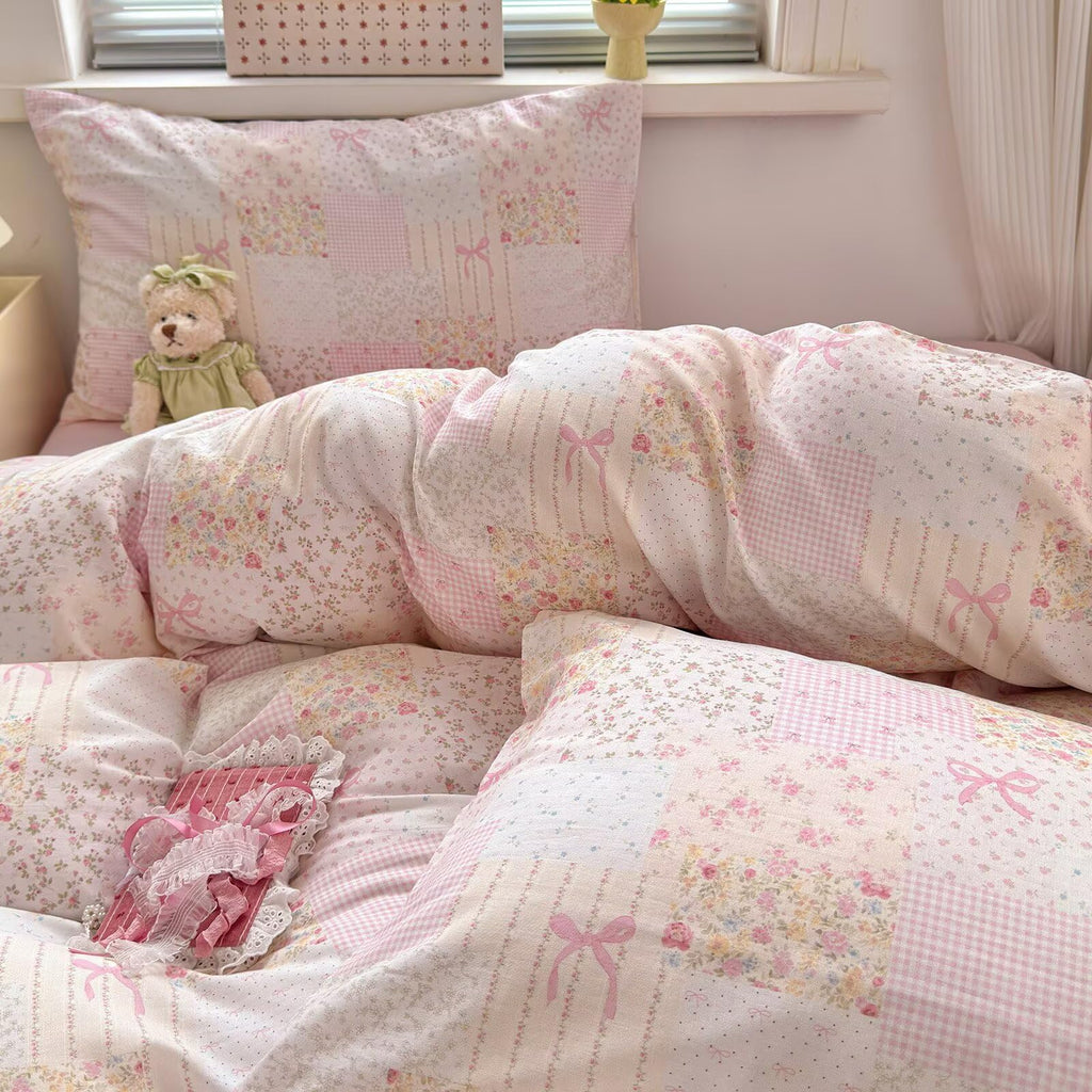 Pink Duvet Cover Full Size 100% Cotton Muslin Cute Patchwork Bedding Set for Teen Girls Women, Soft Comfy Double Gauze