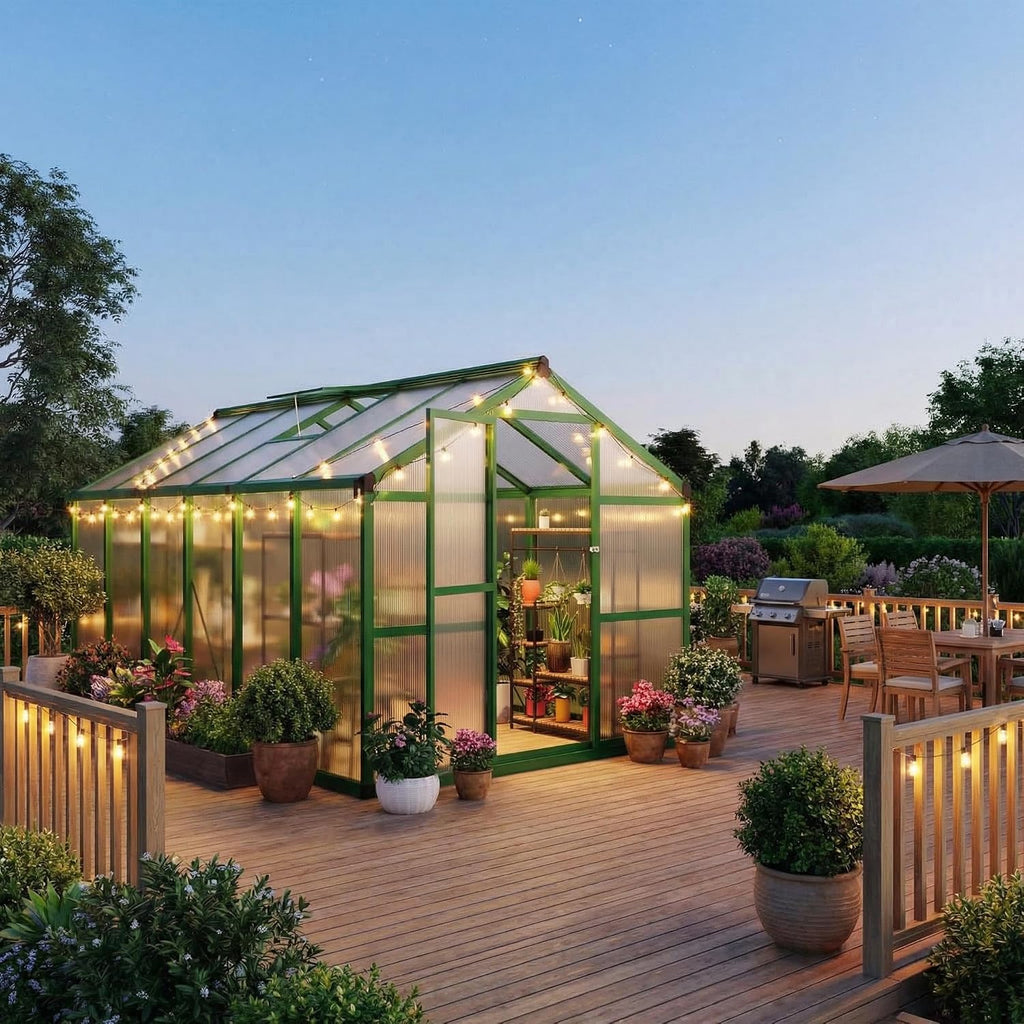 8x12ft Walk-in Greenhouse, Heavy Duty Large Outdoor Green House | Polycarbonate Garden Greenhouse with Roof Vent