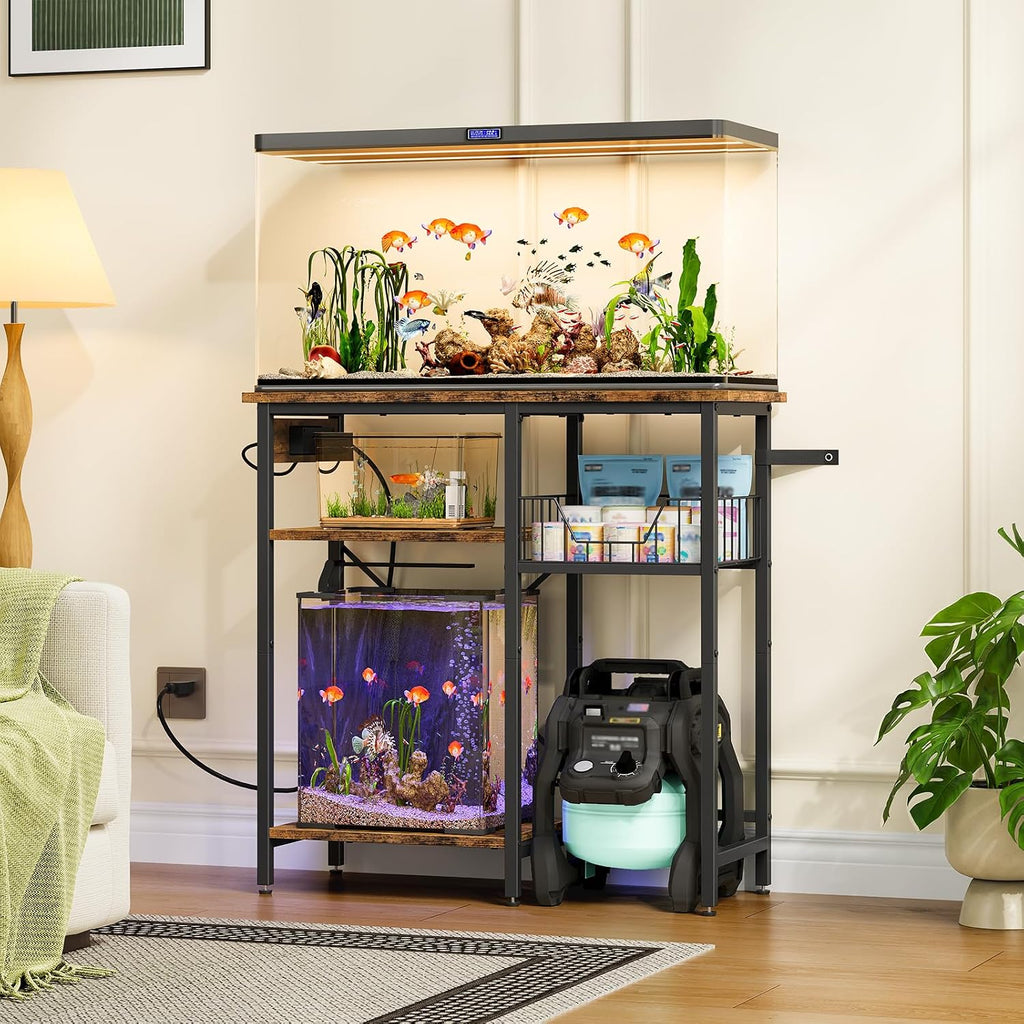 10-20 Gallon Fish Tank Stand with Power Outlet, 3 Tier Aquarium Stand with Wire Storage Basket, Reptile Tank Stand
