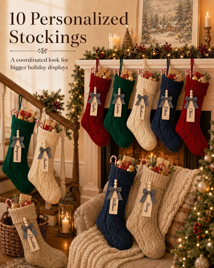 18 Inch Christmas Stockings, 10 Pack Red White Green Khaki Navy | Set of 10 knit stockings: 2 each in white, red