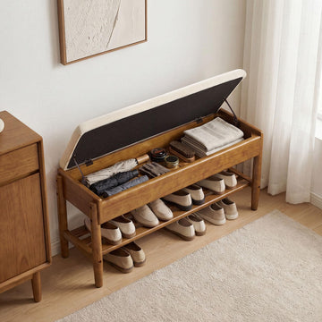 2 Tier Shoe Rack Bench with Flip-Top Storage, 39.3" Solid Wood Shoe Rack Bench with Chenille Cushion, Closet