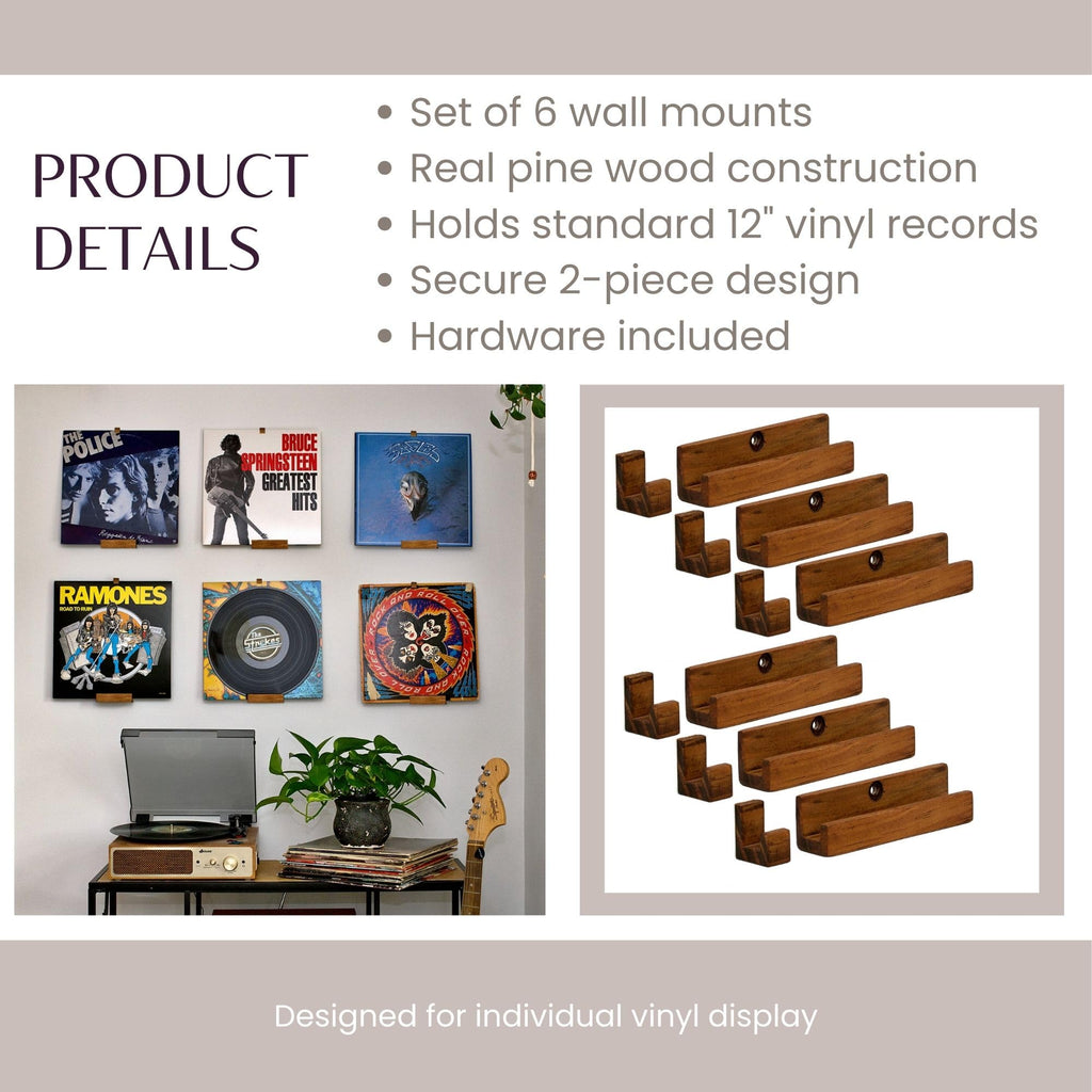 Vinyl Record Wall Mount - Pack of 6 Floating LP Album Display Holders | Pine Wood with Walnut Matte Finish | Easy