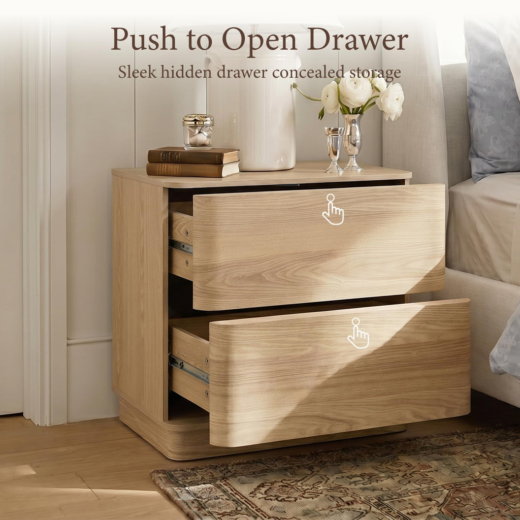 Night Stand Set 2 with 2 Drawers Storage, Curved Edge Bedside Table with Push to Open Hidden Drawer, 22'' Wooden
