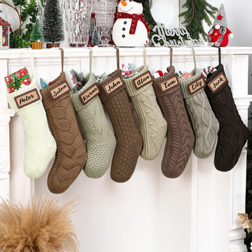 Neutral Christmas Stockings Bulk 18 inch Dark Brown Farmhouse Rustic Boho Xmas Cable Knit Fireplace Stockings - Set of 8