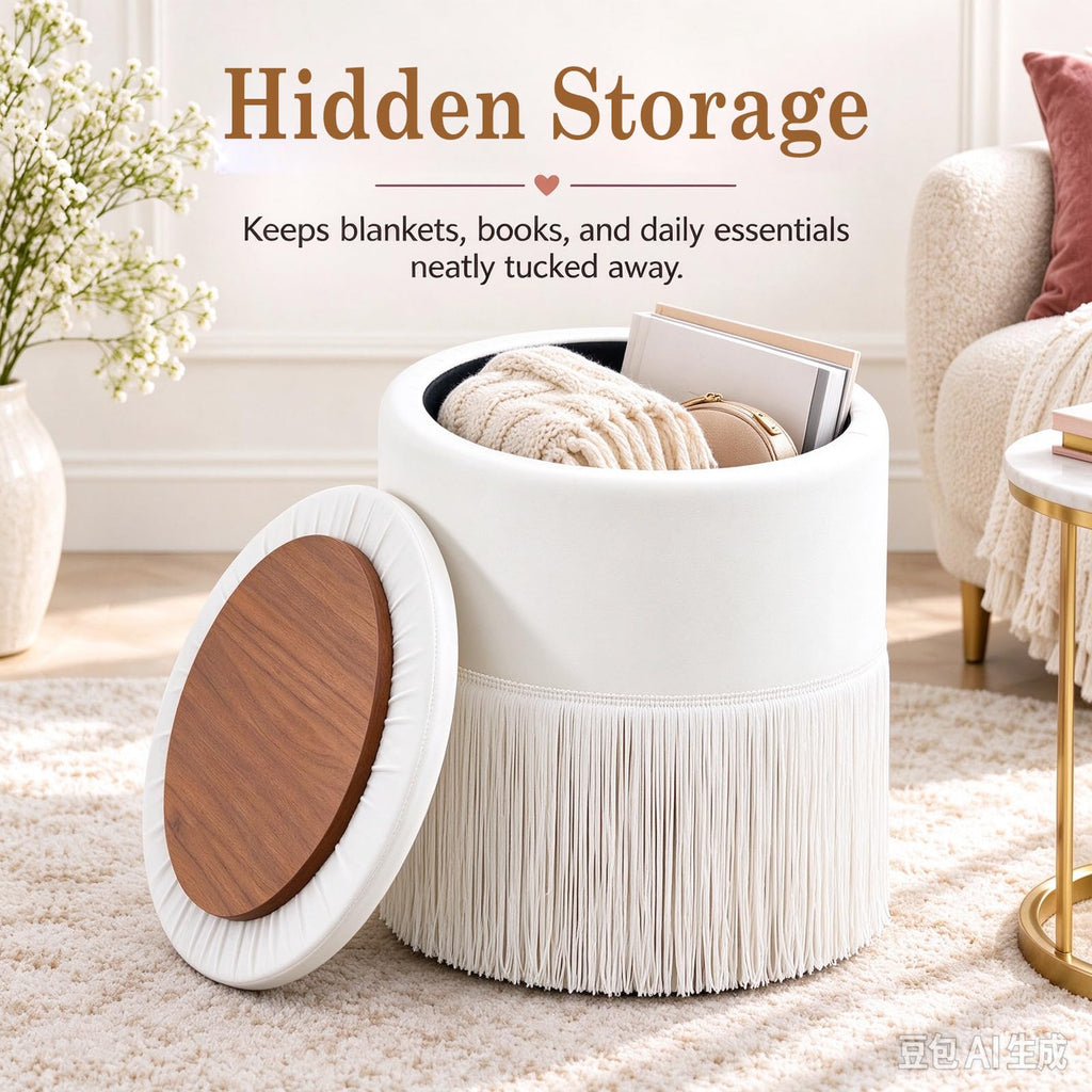 Round Storage Ottoman, Tassel Fringe Velvet Vanity Chair (White)