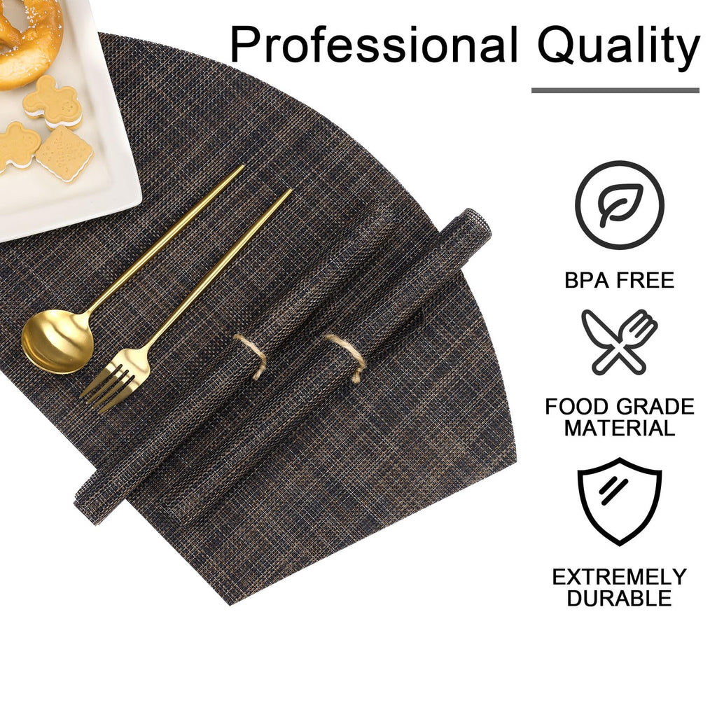Small Wedge Placemats Set of 4 Woven Vinyl Round Table Placemats Wipe Clean Round Table Mats Indoor Outdoor, Black