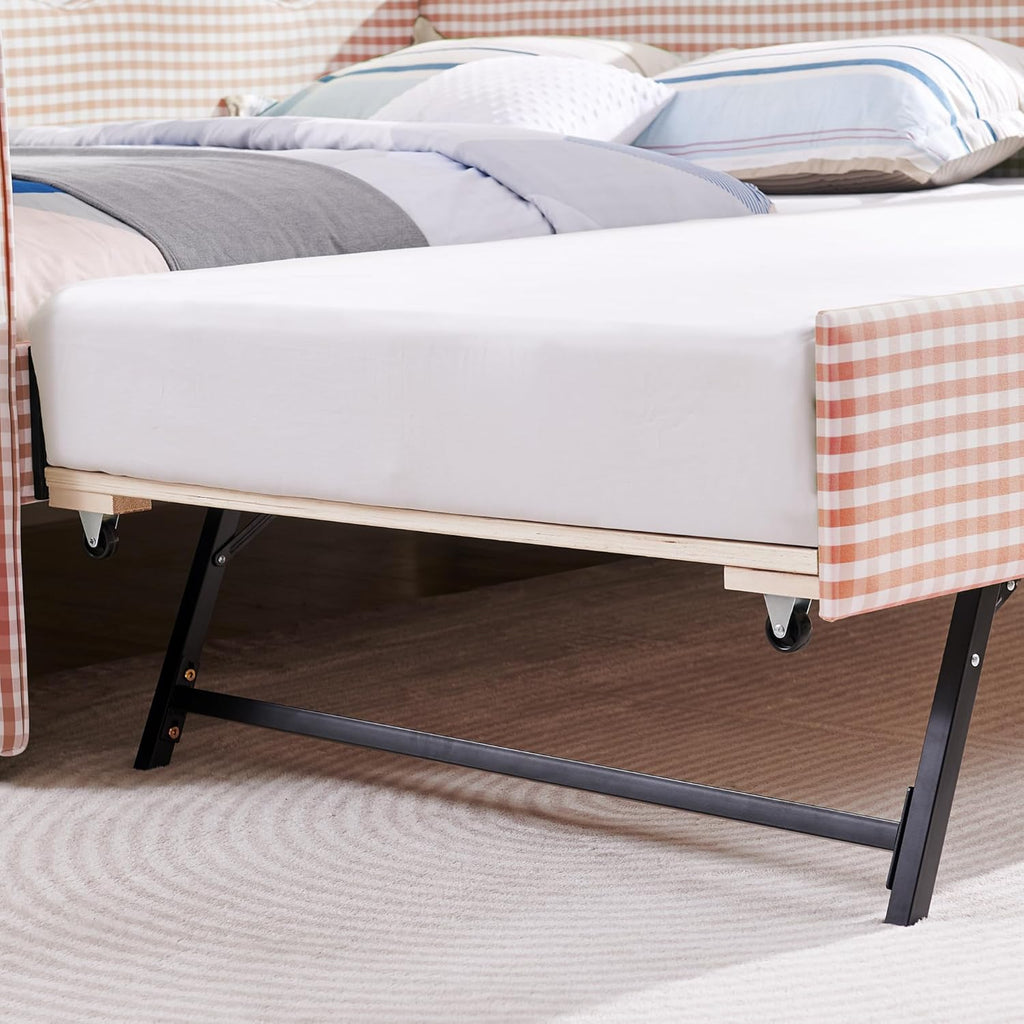 Full Size Upholstery Daybed with Trundle and USB, Full to King Design Adorable Wave Shaped Extendable Linen Sofa Bed