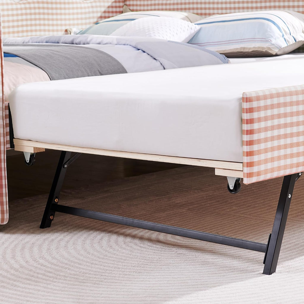 Full Size Upholstery Gingham Daybed with Trundle and USB, Pink | Full to King Design Adorable Wave Shaped Extendable