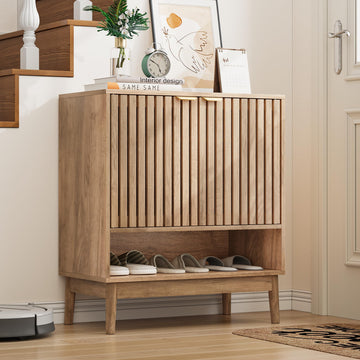 Shoe Cabinet with Slatted Doors, Freestanding Shoe Cabinet Storage, 4-Tier Entryway Shoe Organizer Cabinets with