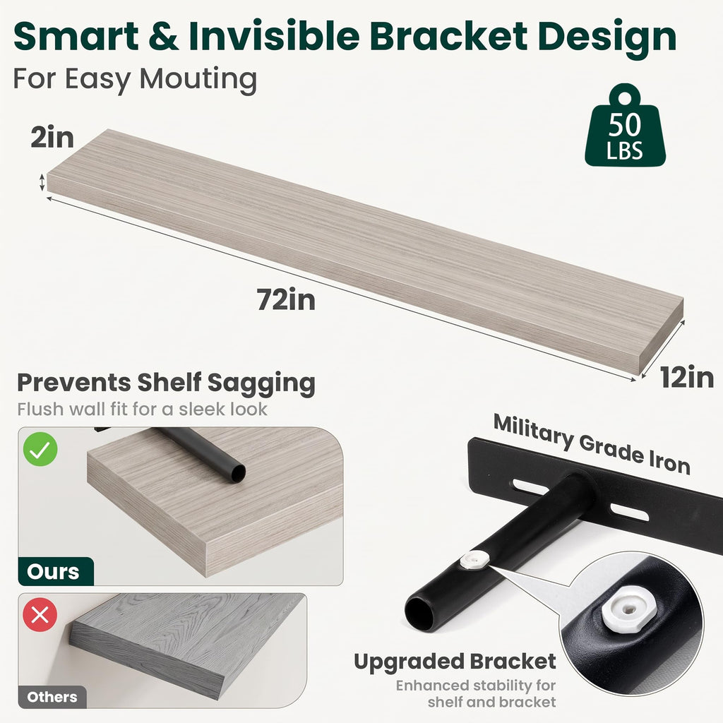 12 Inch Deep Floating Shelves Grey, 72 Inch Long, 2" Thick Floating Shelves for Wall, Hidden Bracket