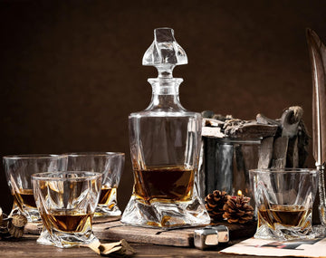 Whiskey Gifts for Men, Whiskey Decanter Set with 4 Glasses in Gift Box by | Elegant Twisted Design with Glass Stopper - Set of 5
