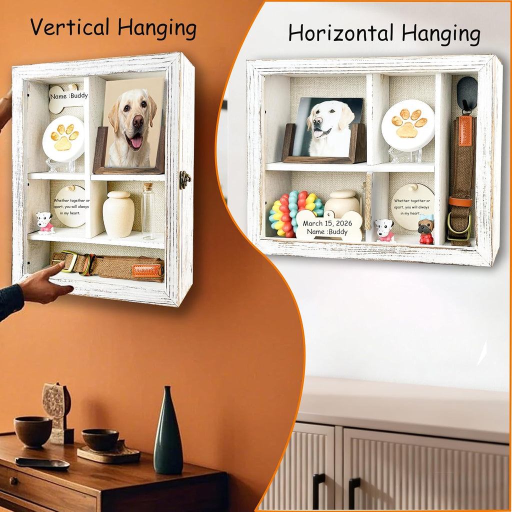 Solid Wood 11x14 Pet Memorial Shadow Box Frame with Adjustable Shelves Paw Print Kit Pet Urn Ashes Display Case White