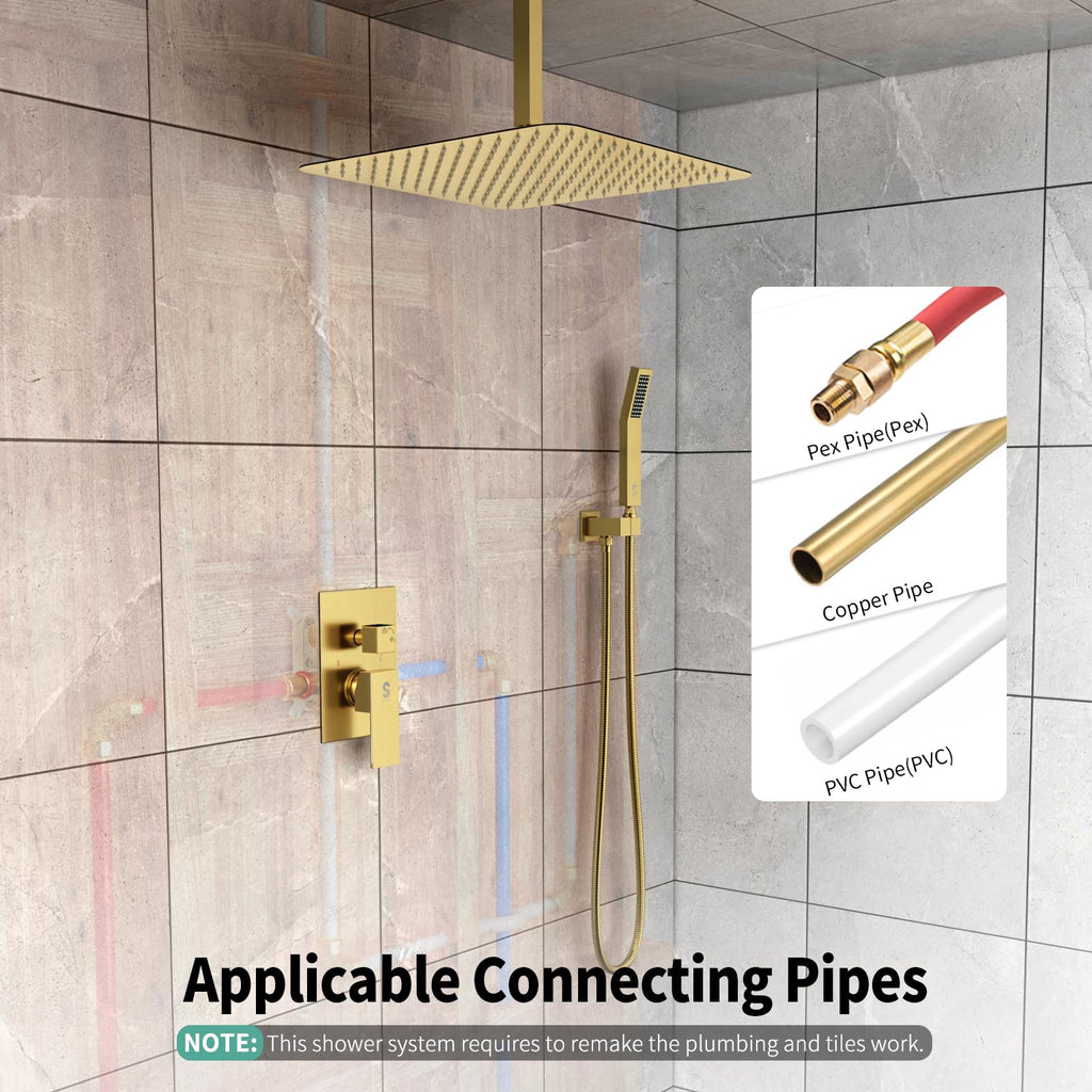 16 Inch Ceiling Mount Rain Shower System,Brushed Gold