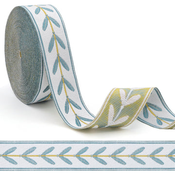 Jacquard Ribbon Trim 1.18 Inch Leaf Pattern Fabric Trim White Blue Leaves Jacquard Woven Embroidered - 10.9 Yards