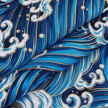 1.1Yard 59 Inch Dark Blue Japanese Sea Wave Cotton Fabrics Japanese Style Quilting Fabric Bronzing Design for Sewing