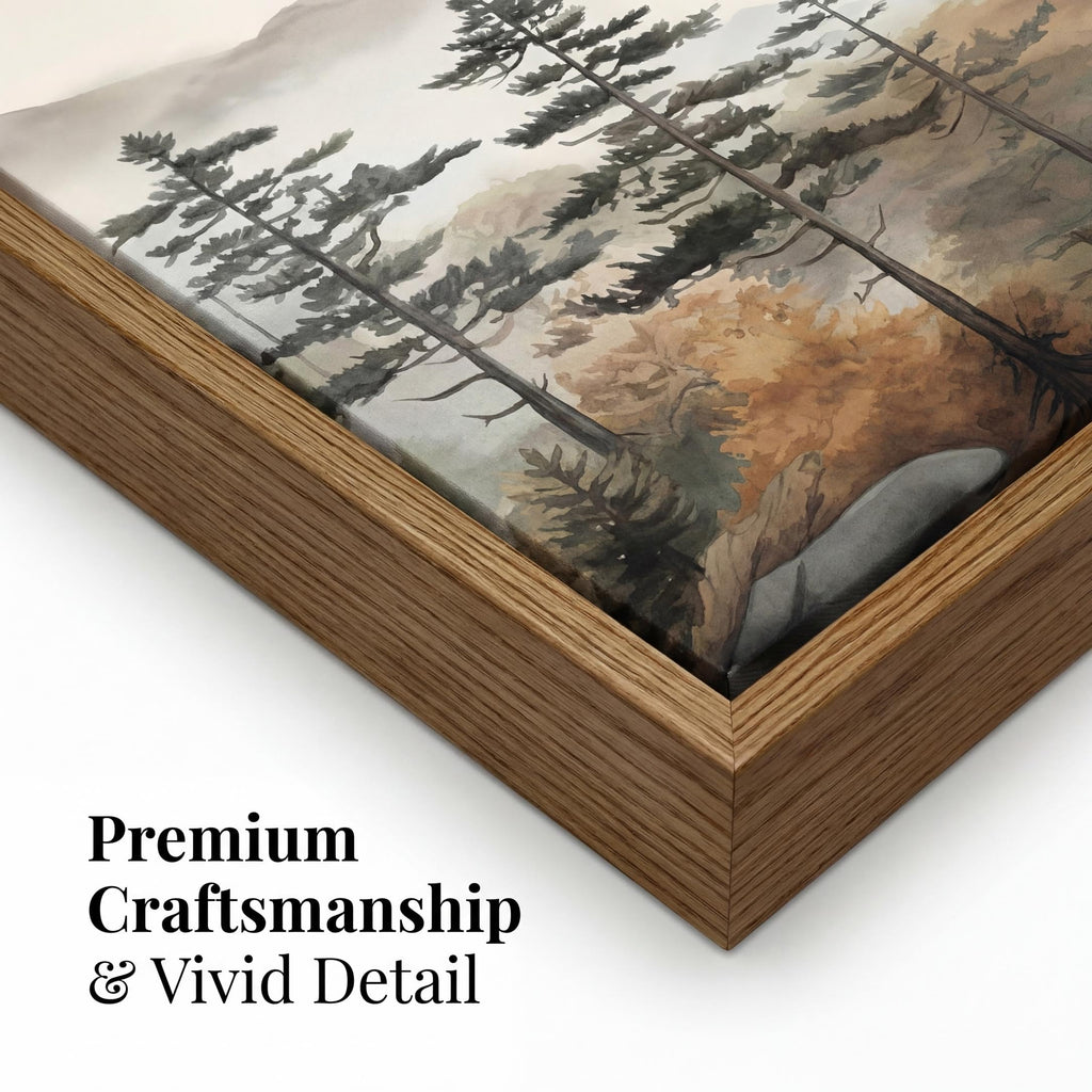 Framed Mountain Landscape Wall Art Set of 3 - Canvas Prints with Real Wood Frame Foggy Pine Tree Misty Forest