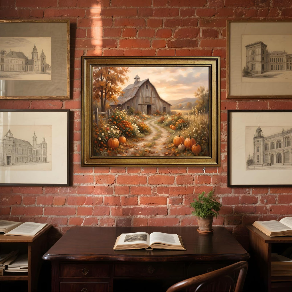 Retro Gold Frame Autumn Farmhouse Wall Art Rustic Barn Canvas Print Poster Pumpkin Field Landscape Painting Vintage