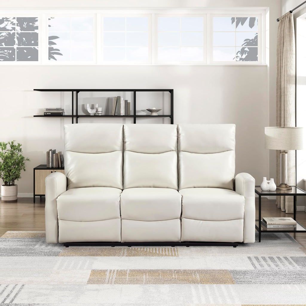 Manual Reclining Sofa, Magazine Pockets, Beige Faux Leather