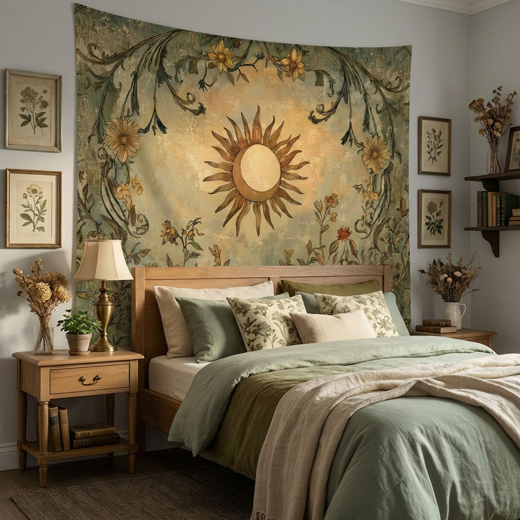 Vintage Sun and Moon Tapestry, Boho Retro Green Plant Aesthetics Tapestries Dorm, 60x80 inches