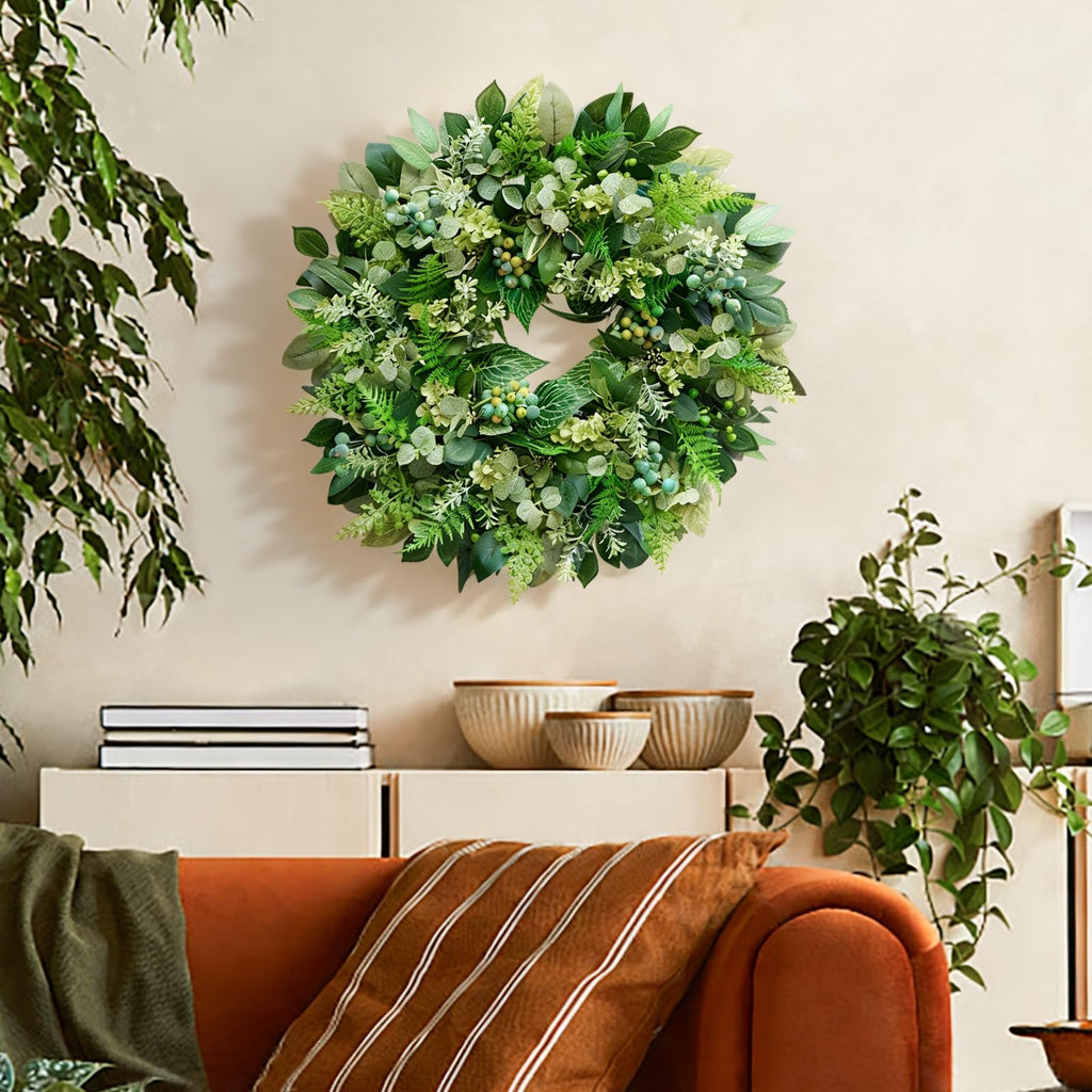 26 Inch Green Wreath for Front Door - Artificial Greenery Wreath with Berries, Indoor Outdoor All Season Year