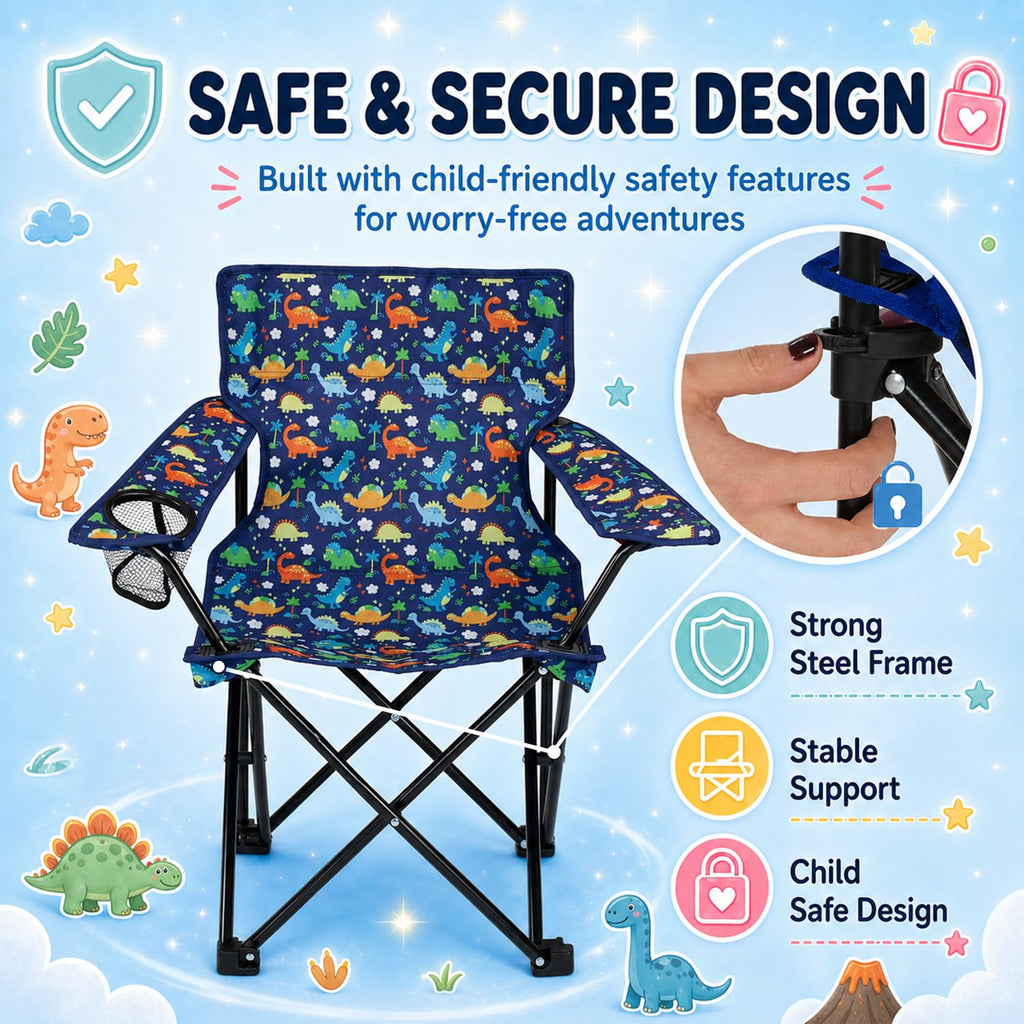 Playful Dinosaurs Kids Folding Camp Chair - Lightweight Portable Toddler Beach Chair Ages 2-7 with Safety Lock Cup