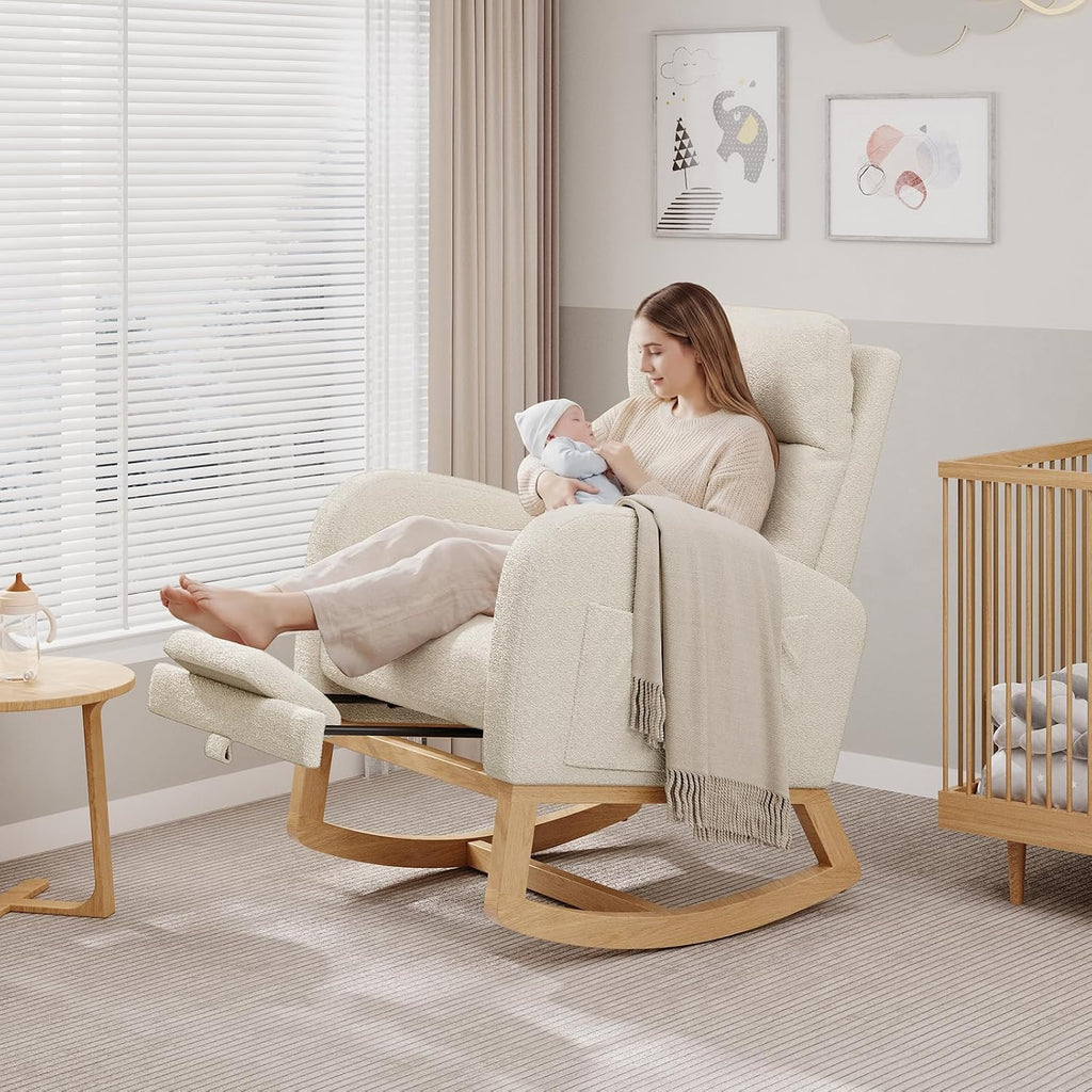 Rocking Chair, Nursery Glider Chair with Footrest, White | Modern Teddy Fleece Rocking Chair with Side Pocket and
