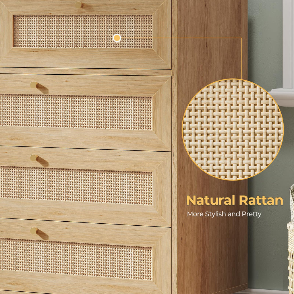Rattan Dresser with 9 Drawer, Modern Wooden Long Bedroom Dresser, Chest of Drawers with Metal Handle & Solid Wood