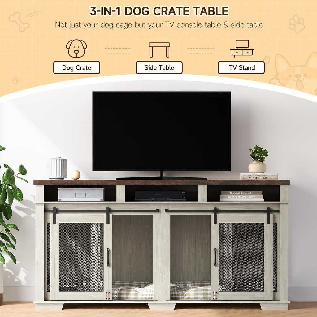 71" Dog Crate Furniture for 2 Dogs, Dog Kennel with 3 Storage Drawers & Removable Divider, Extra Large Double Dog