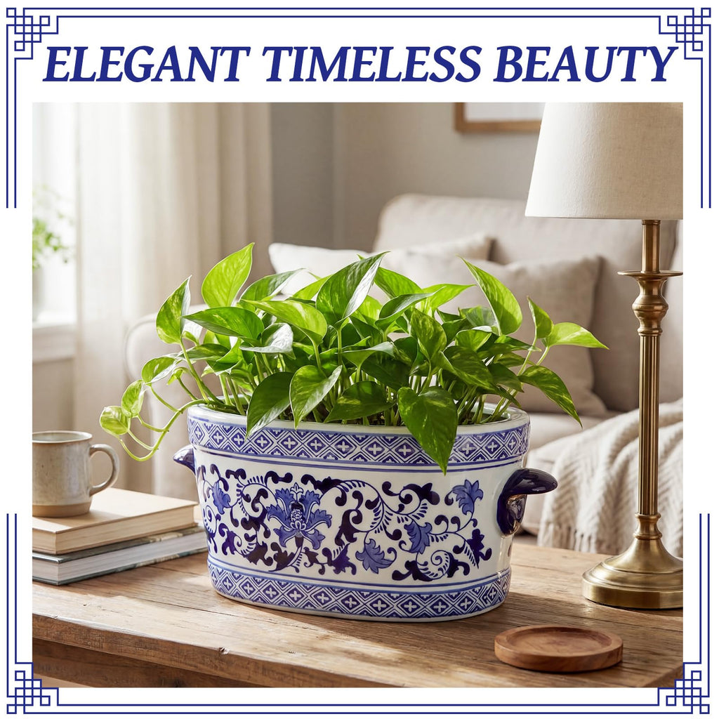 Blue and White Chinoiserie Ceramic Planter, Elegant