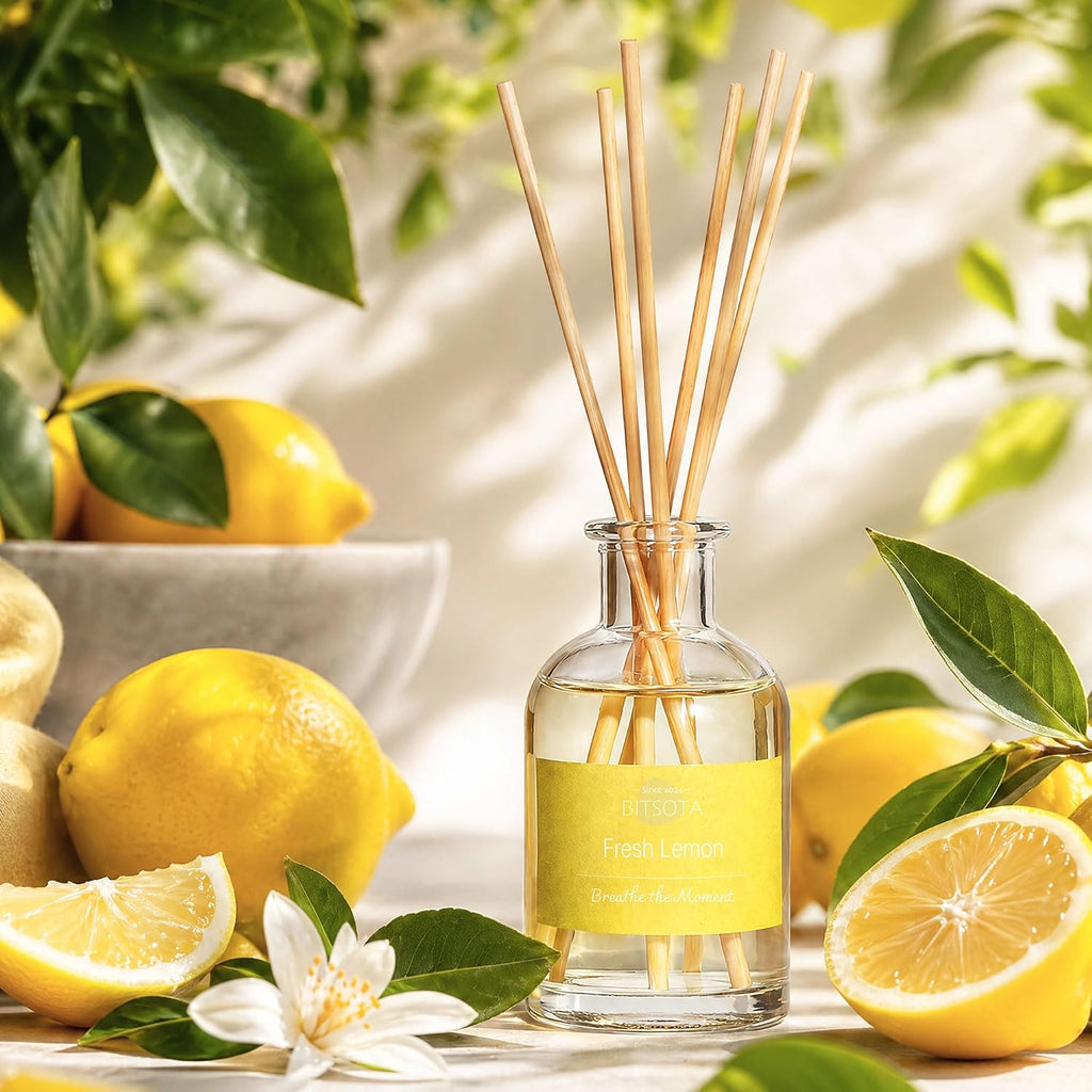 Natural Reed Diffuser Set, Fresh Lemon 3.52 oz (100ml) Scented Diffuser with Sticks Home Fragrance Reed Diffuser