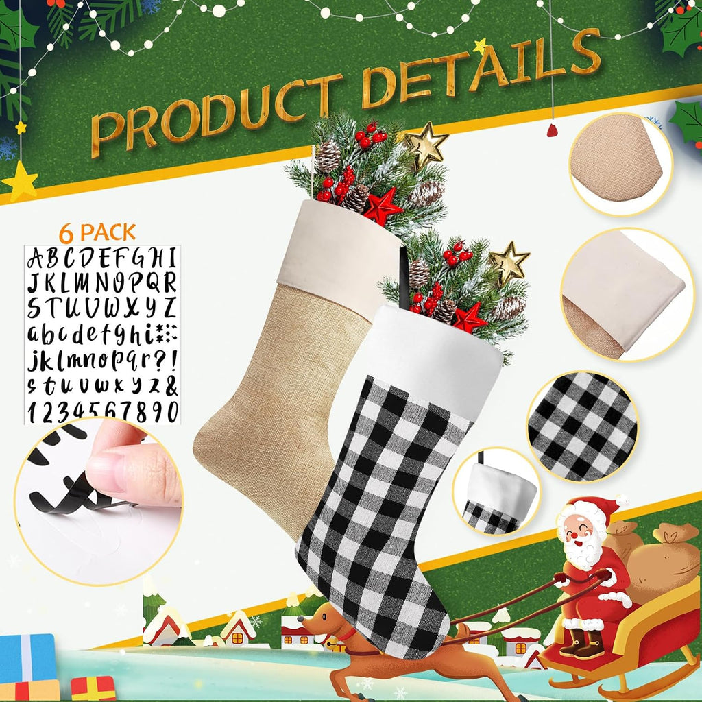 6pcs Christmas Stocking Buffalo Plaid Decor, Black White, Light Brown