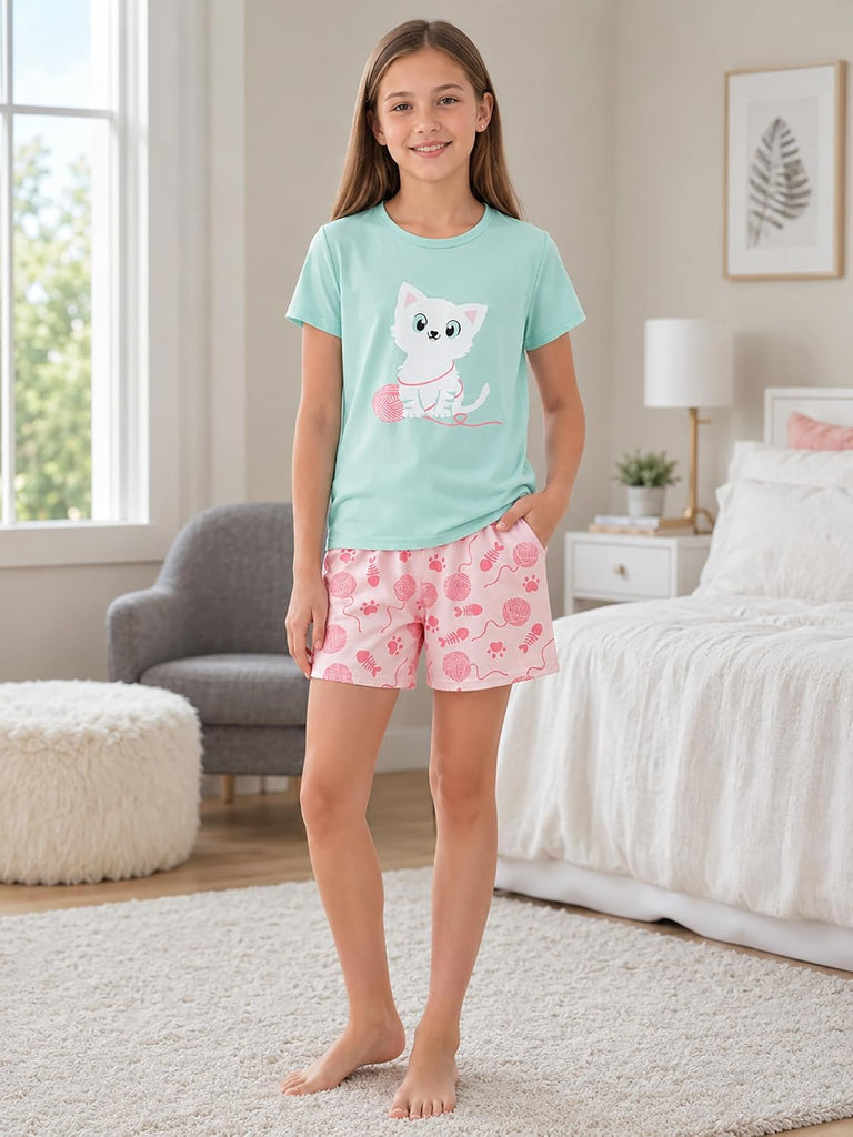 Girls Cotton Blend Pajamas Cute Print Short Sleeve Set