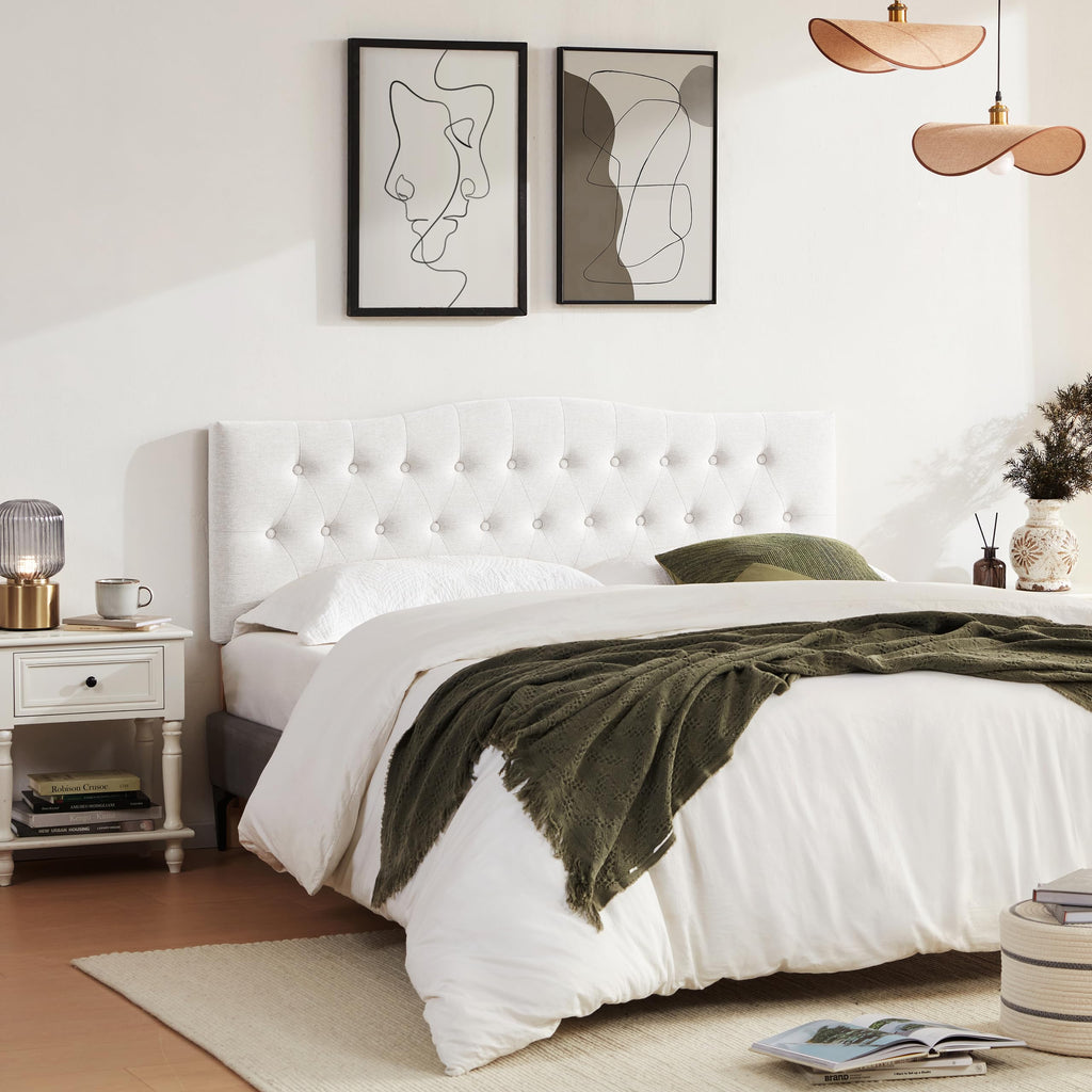 Tufted Headboard Full Size, Solid Wood Adjustable Height Head Board, White
