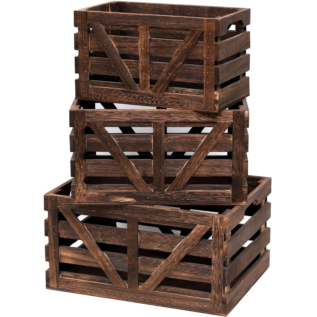 Nested Wooden Storage Crates Set of 3 (L, M, S), Rustic Wood Crate for Storage