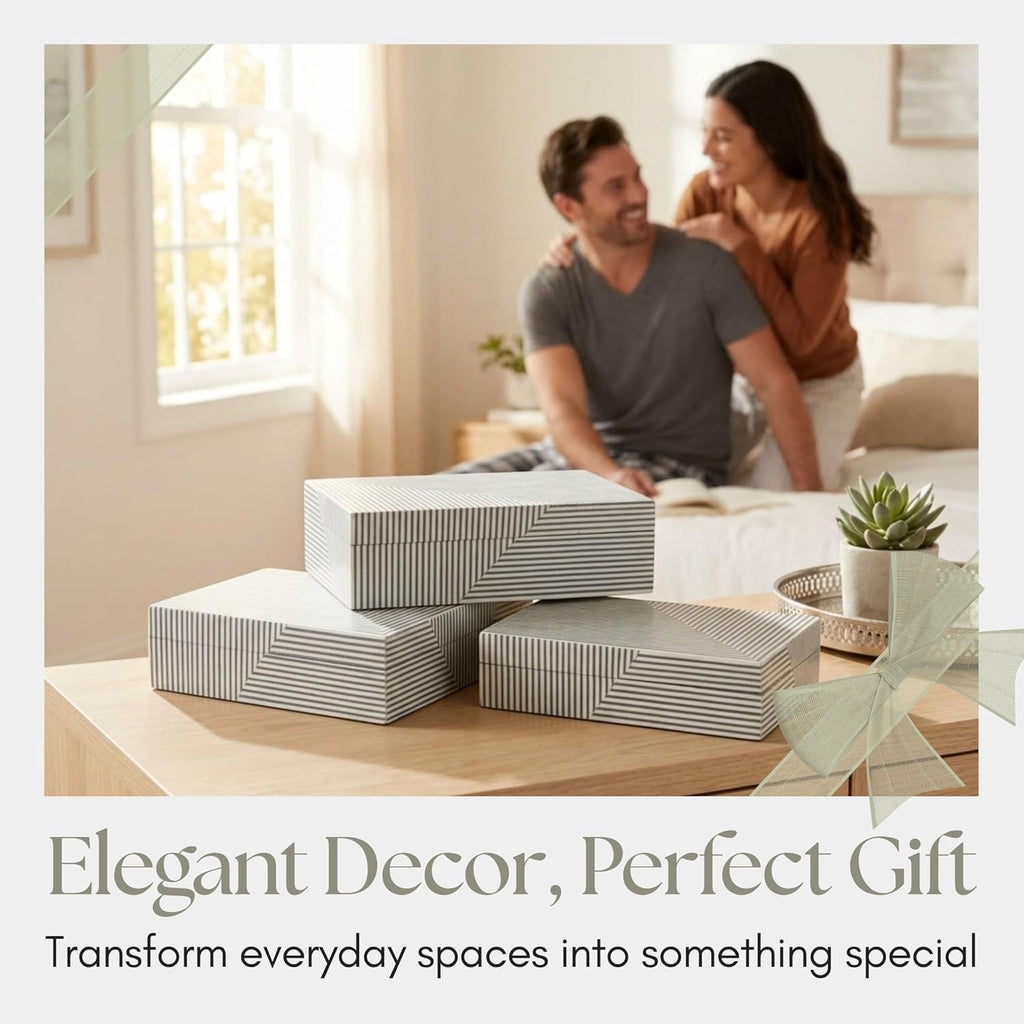 Decorative Striped Boxes with Lid Decor - Stylish Decor Box for Console Table, Jewelry Storage, or Bedroom - Set of 3