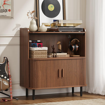Mid Century Modern Record Player Stand with Charging Station, Walnut