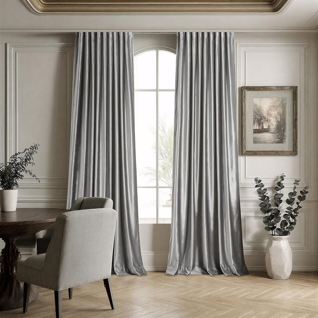 100% Full Blackout Silver Grey Velvet Curtains 96 inch Long,Set of 2 Panels Liner Rod Pocket Back Tab Thermal Window