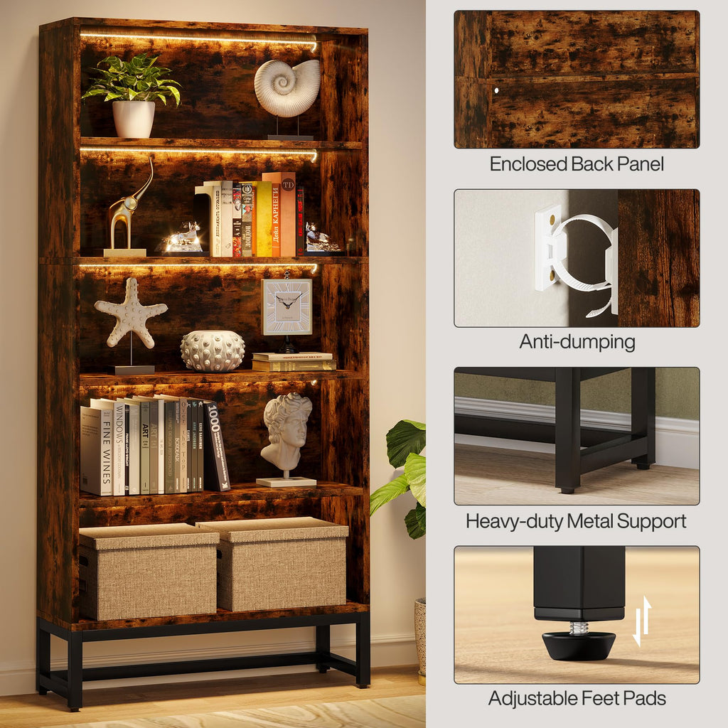 Tall Bookcase and Bookshelf, 70.8" Large Bookcases Organizer with LED Lights, Heavy Duty Free-Standing Library