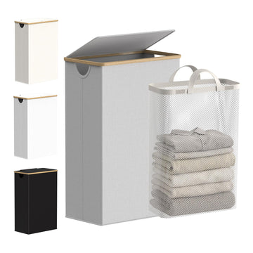 Slim Laundry Hamper with Lid and Removable Bag, 75L Light Grey