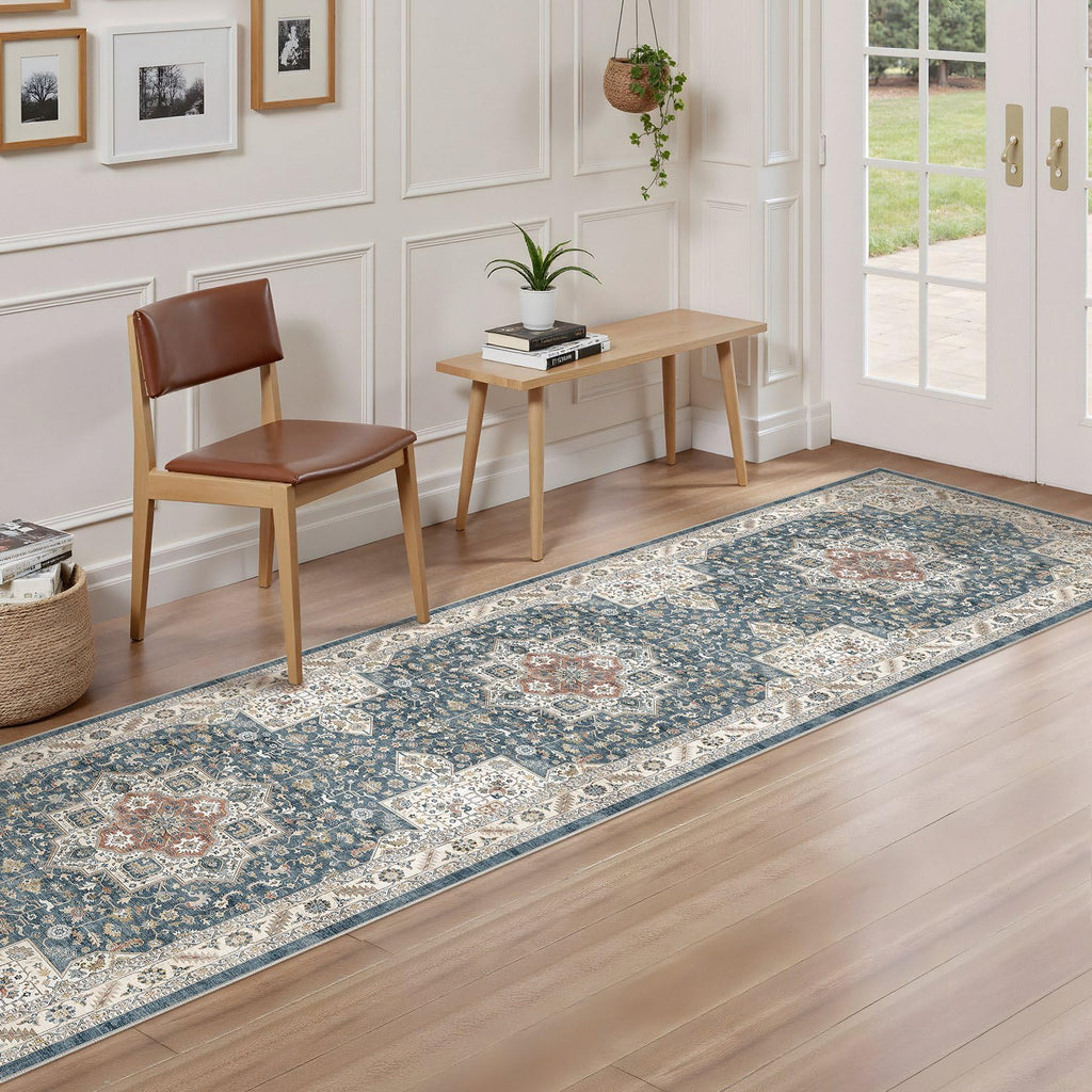 2x8 Hallway Runner Rug, Non-Slip Vintage, Vintage Blue