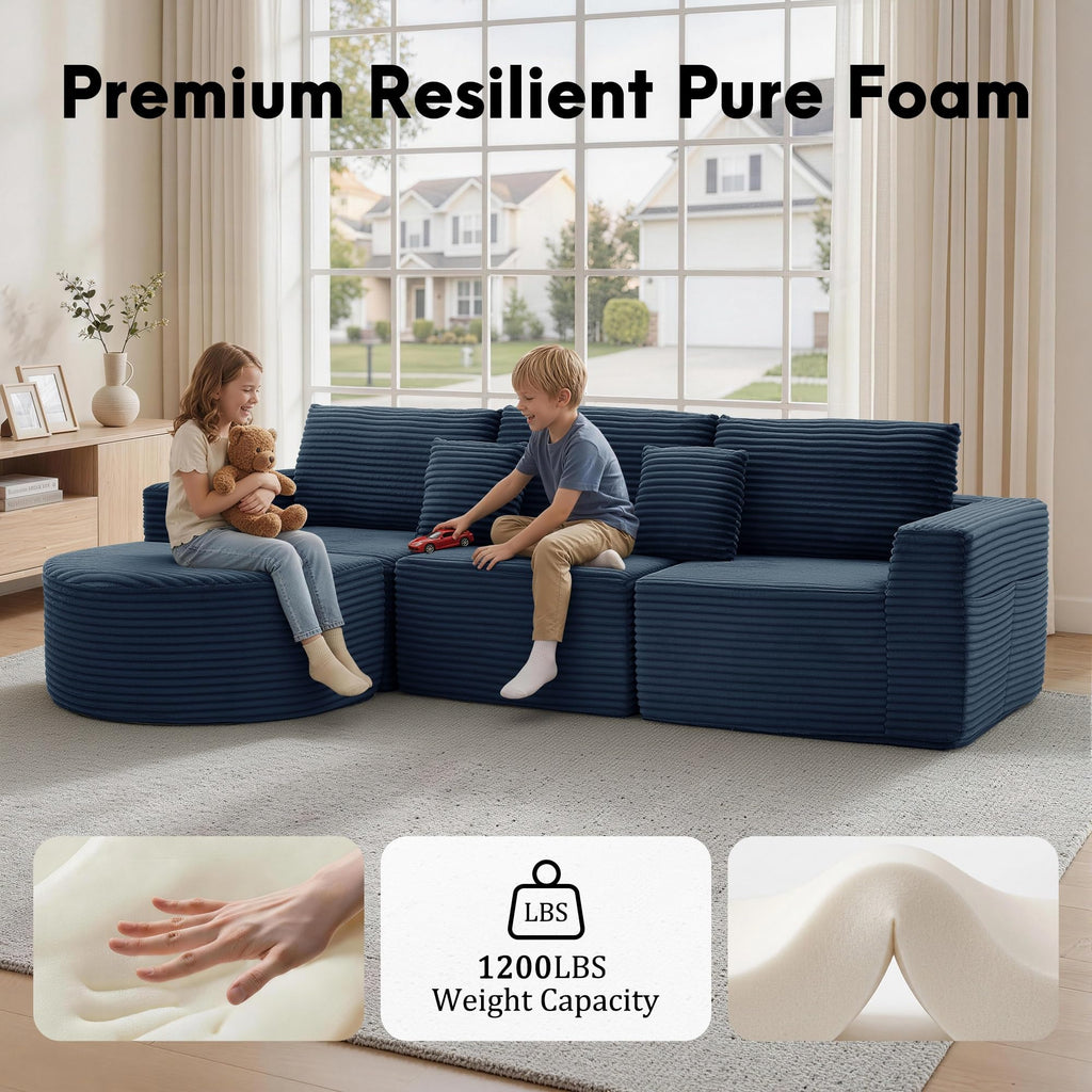 110" L-Shaped Modular Sectional Sofa with Chaise, Fluffy Corduroy Cloud Sectional Couch with Deep Seat & Side