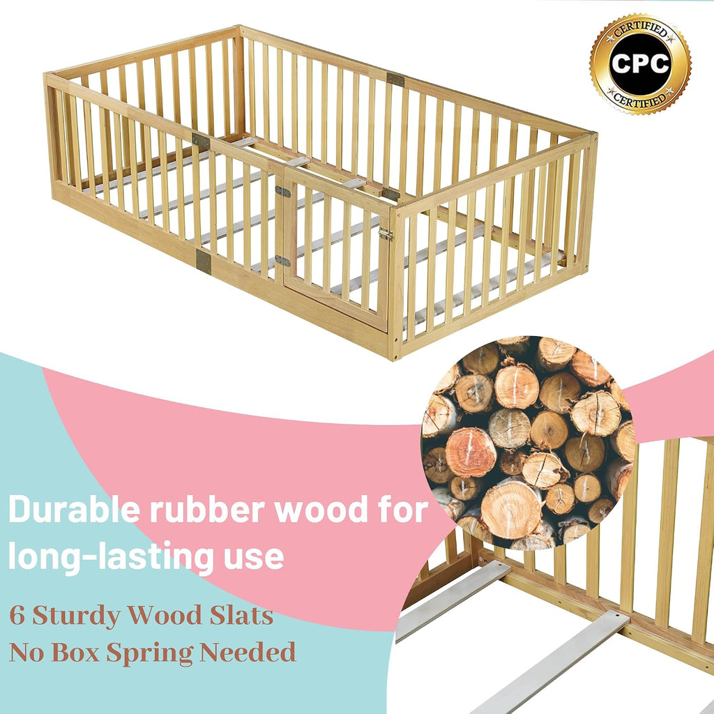 Twin Montessori Floor Bed Frame with High Rails and Door, Wood Twin Floor Bed with Slats, Low Profile Kids Bed Frame