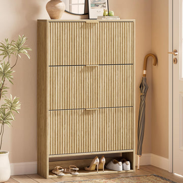 31.5''W Oak Shoe Cabinet Storage, Fluted Slim Shoe Dresser with 3 Flip Drawers, Narrow Shoe Rack Cabinet, Hidden
