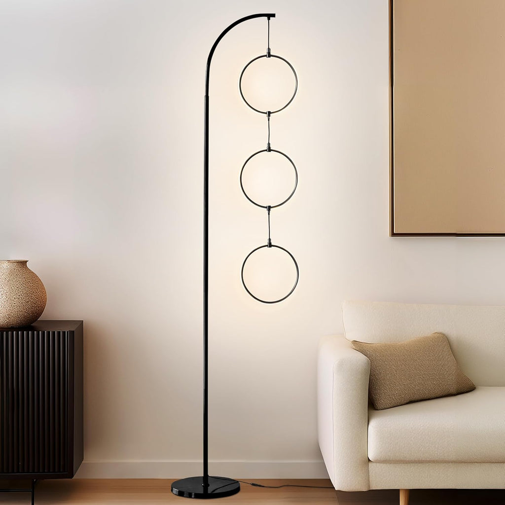 Nova Modern Floor Lamp Matches Living Room Décor - Contemporary Arc Tall Lamp with 3-Circle Ring-Style Pendant